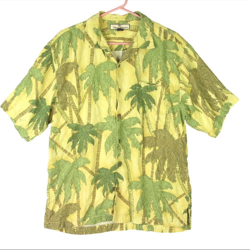 Tommy Bahama Palm Tree 100% Silk Button Hawaiian Shirt Mens Yellow Size Medium